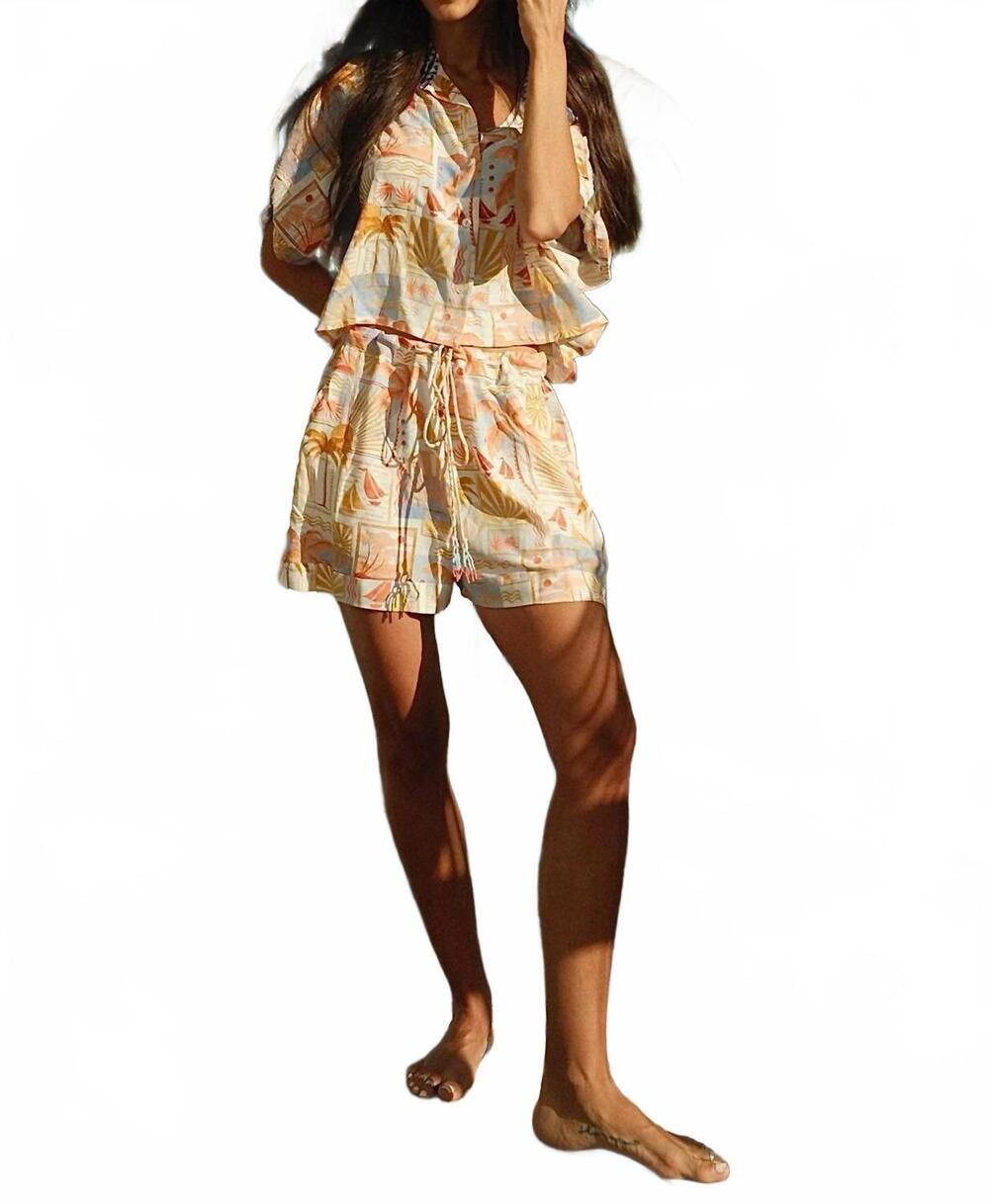 NEW TRIBAL drop shoulder short sleeve button front blouse in postcard